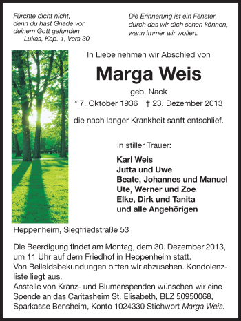 Traueranzeige von Marga Weis von Starkenburger Echo