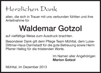 Traueranzeige von Waldemar Gotzol von Echo-Zeitungen (Gesamtausgabe)
