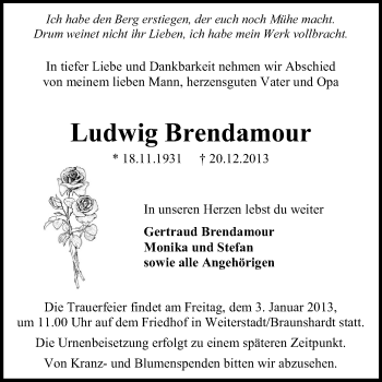 Traueranzeige von Ludwig Brendamour von Echo-Zeitungen (Gesamtausgabe)