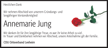 Traueranzeige von Annemarie Jung von Rüsselsheimer Echo, Groß-Gerauer-Echo, Ried Echo