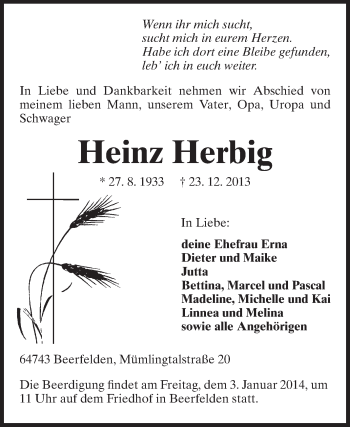 Traueranzeige von Heinz Herbig von Odenwälder Echo