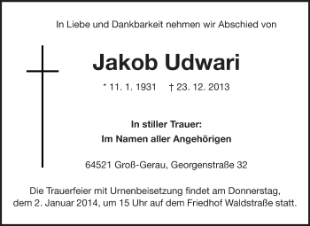 Traueranzeige von Jakob Udwari von Rüsselsheimer Echo, Groß-Gerauer-Echo, Ried Echo