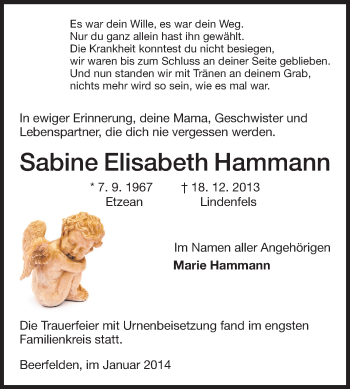 Traueranzeige von Sabine Elisabeth Hammann von Odenwälder Echo