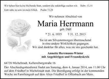 Traueranzeige von Maria Herrmann von Odenwälder Echo