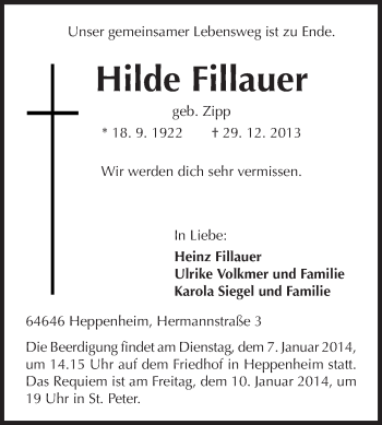Traueranzeige von Hilde Fillauer von Starkenburger Echo