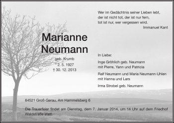 Traueranzeige von Marianne Neumann von Rüsselsheimer Echo, Groß-Gerauer-Echo, Ried Echo