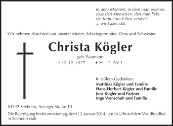 Traueranzeige von Christa Kögler von Echo-Zeitungen (Gesamtausgabe)
