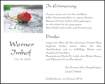 Traueranzeige von Werner Imhof von Rüsselsheimer Echo, Groß-Gerauer-Echo, Ried Echo