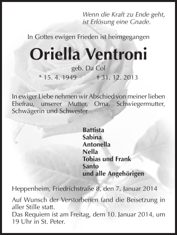 Traueranzeige von Oriella Ventrino von Starkenburger Echo