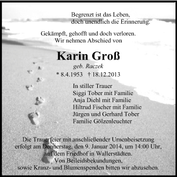 Traueranzeige von Karin Groß von Rüsselsheimer Echo, Groß-Gerauer-Echo, Ried Echo