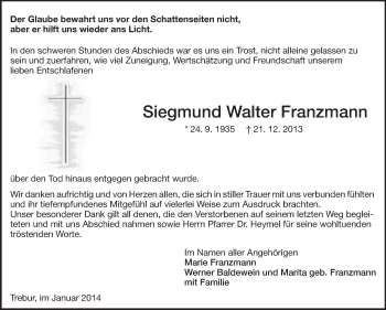 Traueranzeige von Siegmund Walter Franzmann von Rüsselsheimer Echo, Groß-Gerauer-Echo, Ried Echo