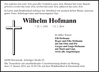 Traueranzeige von Wilhelm Hofmann von Echo-Zeitungen (Gesamtausgabe)