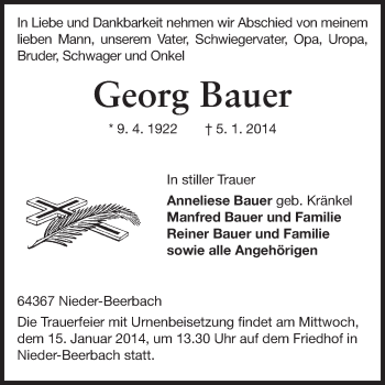 Traueranzeige von Georg Bauer von Echo-Zeitungen (Gesamtausgabe)