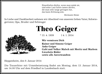 Traueranzeige von Theo Geiger von Starkenburger Echo