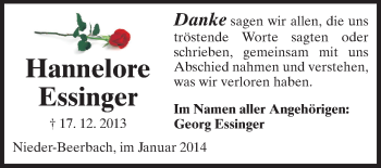 Traueranzeige von Hannelore Essinger von Darmstädter Echo, Odenwälder Echo, Rüsselsheimer Echo, Groß-Gerauer-Echo, Ried Echo