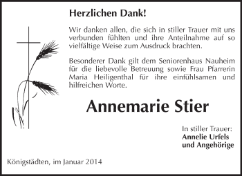 Traueranzeige von Annemarie Stier von Echo-Zeitungen (Gesamtausgabe)