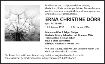 Traueranzeige von Erna Christine Dörr von Rüsselsheimer Echo, Groß-Gerauer-Echo, Ried Echo