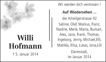 Traueranzeige von Willi Hofmann von Echo-Zeitungen (Gesamtausgabe)