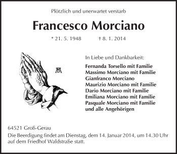 Traueranzeige von Francesco Morciano von Rüsselsheimer Echo, Groß-Gerauer-Echo, Ried Echo