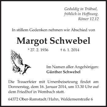 Traueranzeige von Margot Schwebel von Echo-Zeitungen (Gesamtausgabe)