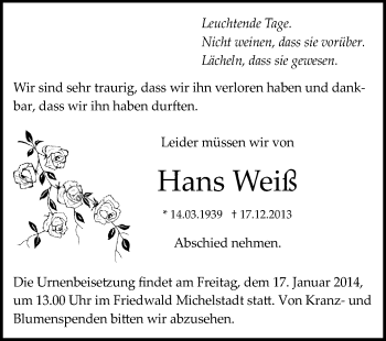 Traueranzeige von Hans Weiß von Echo-Zeitungen (Gesamtausgabe)