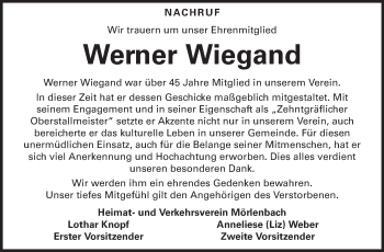 Traueranzeige von Werner Wiegand von Starkenburger Echo
