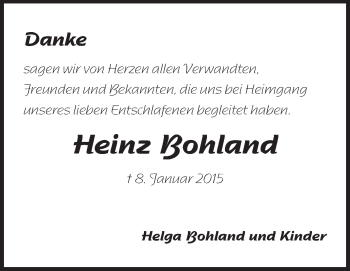Traueranzeige von Heinz Bohland von Echo-Zeitungen (Gesamtausgabe)