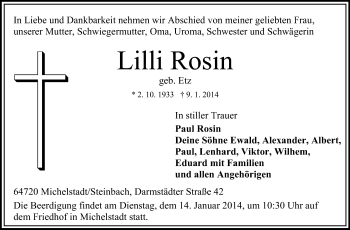 Traueranzeige von Lilli Rosin von Odenwälder Echo