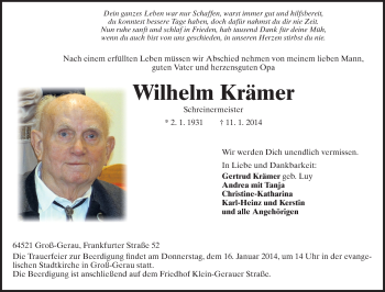 Traueranzeige von Wilhelm Krämer von Rüsselsheimer Echo, Groß-Gerauer-Echo, Ried Echo
