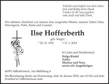 Traueranzeige von Ilse Hofferberth von Odenwälder Echo