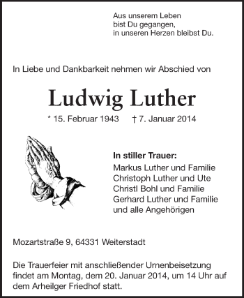 Traueranzeige von Ludwig Luther von Echo-Zeitungen (Gesamtausgabe)