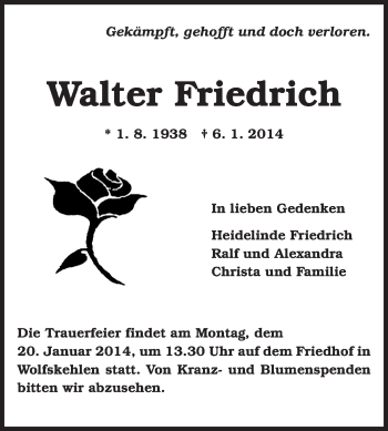Traueranzeige von Walter Friedrich von Rüsselsheimer Echo, Groß-Gerauer-Echo, Ried Echo
