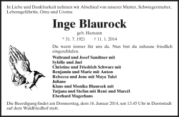 Traueranzeige von Inge Blaurock von Echo-Zeitungen (Gesamtausgabe)