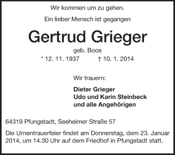 Traueranzeige von Gertrud Grieger von Echo-Zeitungen (Gesamtausgabe)