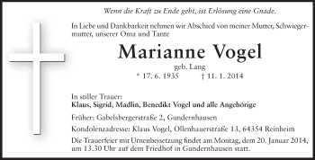 Traueranzeige von Marianne Vogel von Echo-Zeitungen (Gesamtausgabe)