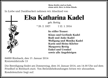 Traueranzeige von Elsa Katharina Kadel von Starkenburger Echo