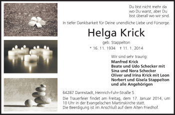 Traueranzeige von Helga Krick von Echo-Zeitungen (Gesamtausgabe)