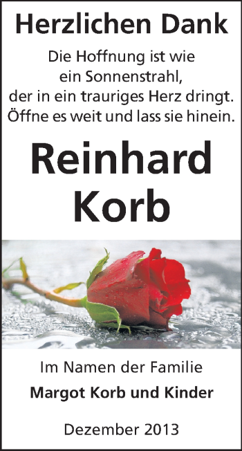 Traueranzeige von Reinhard Korb von Rüsselsheimer Echo, Groß-Gerauer-Echo, Ried Echo