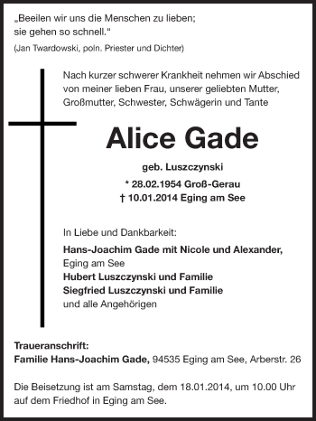 Traueranzeige von Alice Gade von Rüsselsheimer Echo, Groß-Gerauer-Echo, Ried Echo