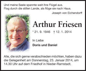 Traueranzeige von Arthur Friesen von Echo-Zeitungen (Gesamtausgabe)