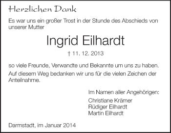 Traueranzeige von Ingrid Eilhardt von Darmstädter Echo, Odenwälder Echo, Rüsselsheimer Echo, Groß-Gerauer-Echo, Ried Echo