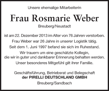 Traueranzeige von Rosmarie Weber von Odenwälder Echo