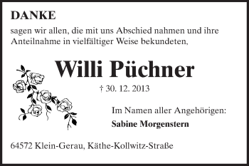 Traueranzeige von Willi Püchner von Rüsselsheimer Echo, Groß-Gerauer-Echo, Ried Echo