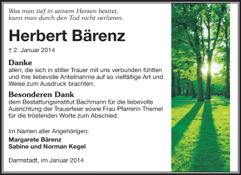 Traueranzeige von Herbert Bärenz von Echo-Zeitungen (Gesamtausgabe)