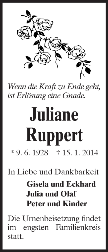Traueranzeige von Juliane Ruppert von Rüsselsheimer Echo, Groß-Gerauer-Echo, Ried Echo