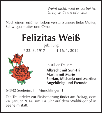 Traueranzeige von Felizitas Weiß von Echo-Zeitungen (Gesamtausgabe)