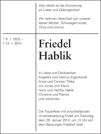 Traueranzeige von Friedel Hablik von Echo-Zeitungen (Gesamtausgabe)