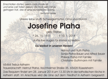 Traueranzeige von Josefine Plaha von Rüsselsheimer Echo, Groß-Gerauer-Echo, Ried Echo