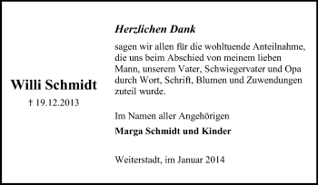 Traueranzeige von Willi Schmidt von Echo-Zeitungen (Gesamtausgabe)