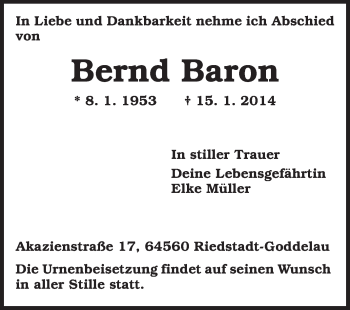 Traueranzeige von Bernd Baron von Rüsselsheimer Echo, Groß-Gerauer-Echo, Ried Echo